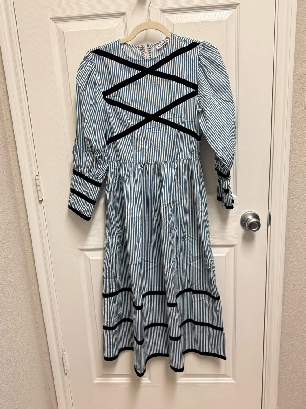 Batsheva Blue & White Striped Long Sleeve Dress with Black Detail